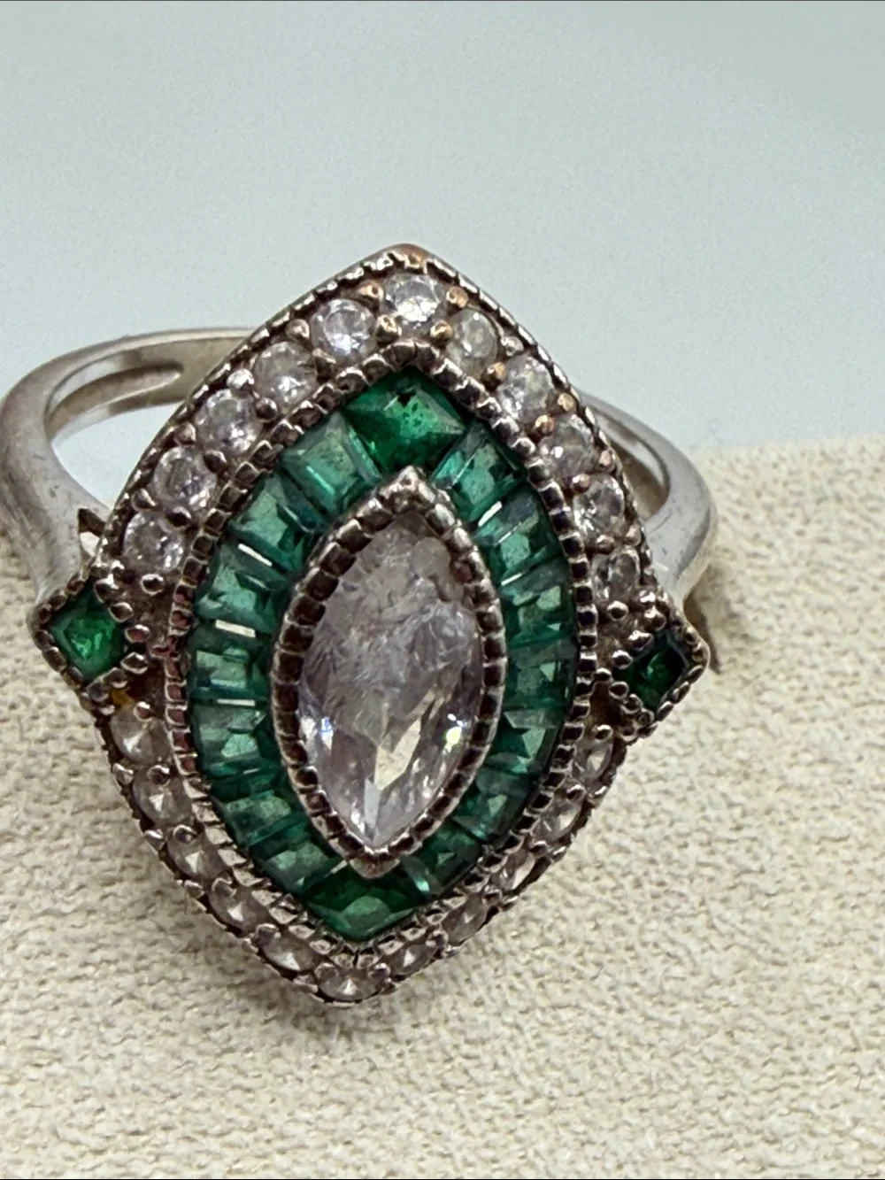 Emerald color Halo Marquise Ring Green & White art deco Statement 925 stamp Sz 5
